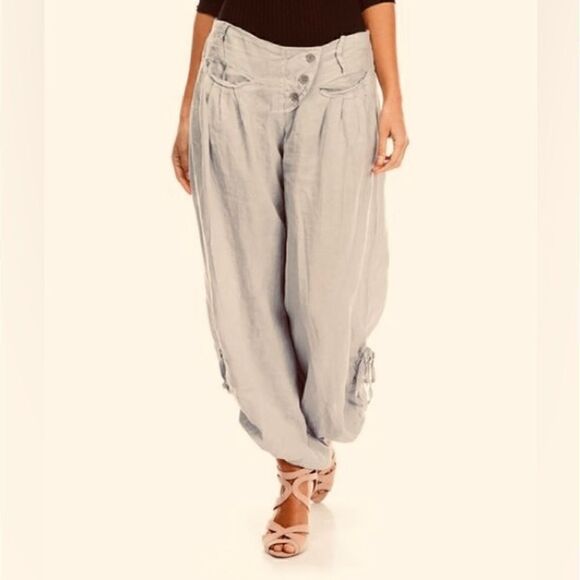 ITALIAN LINEN BOHO SLOUCHY PANTS BEIGE TAN NATURAL S/M NWT - Picture 8 of 10